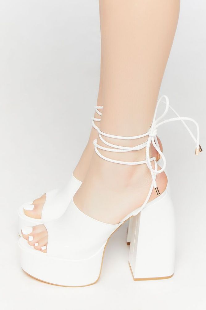 Women's Faux Patent Leather Lace-Up Heels White,