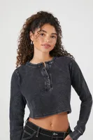 Women's Waffle Knit Cropped Henley Top in Black, XS