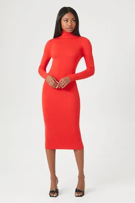 Women's Mock Neck Midi Sweater Dress in Red Small