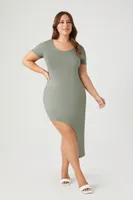 Women's Asymmetrical Midi T-Shirt Dress in Light Olive, 1X