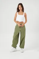 Women's Drawstring Poplin Cargo Joggers in Olive Large