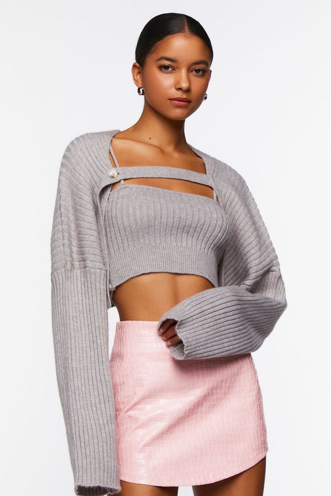 Women's Sweater-Knit Cami & Shrug Set in Grey Medium