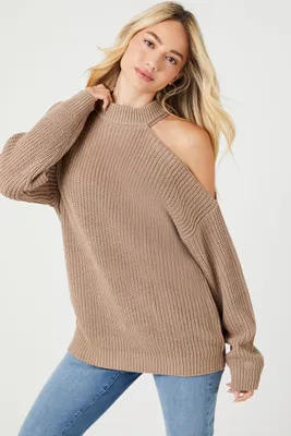 Women's Asymmetrical Open-Shoulder Sweater in Brown Medium