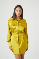 Women's Satin Shirt Mini Dress in Green Apple, XL