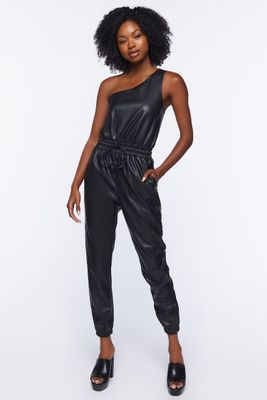 Women's Faux Leather One-Shoulder Jumpsuit in Black Small