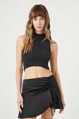 Women's Ruched Satin Drawstring Mini Skirt in Black Large