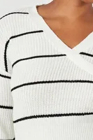 Women's Surplice Striped Sweater in White/Black, 3X