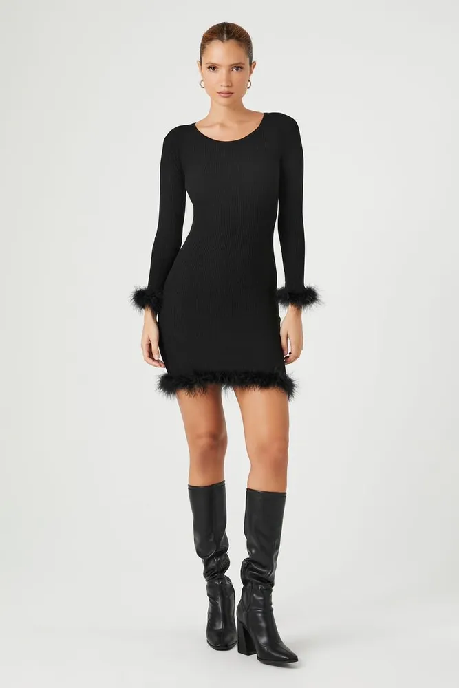 Women's Faux Feather-Trim Midi Sweater Dress in Black Medium