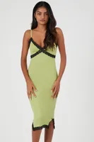 Women's Ribbed Lace-Trim Midi Dress in Green/Black Small