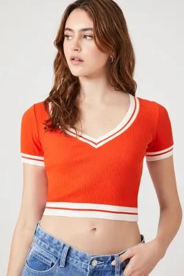 Women's Varsity-Striped Cropped T-Shirt in Fiery Red/Vanilla Medium