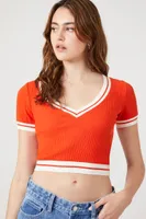 Women's Varsity-Striped Cropped T-Shirt in Fiery Red/Vanilla, XL