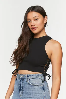 Women's Ribbed Lace-Up Cropped Tank Top in Black Medium