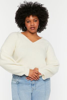 Women's Purl Knit V-Neck Sweater in Vanilla, 0X