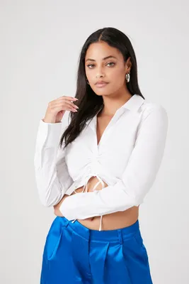 Women's Ruched Drawstring Cropped Shirt in White, XS