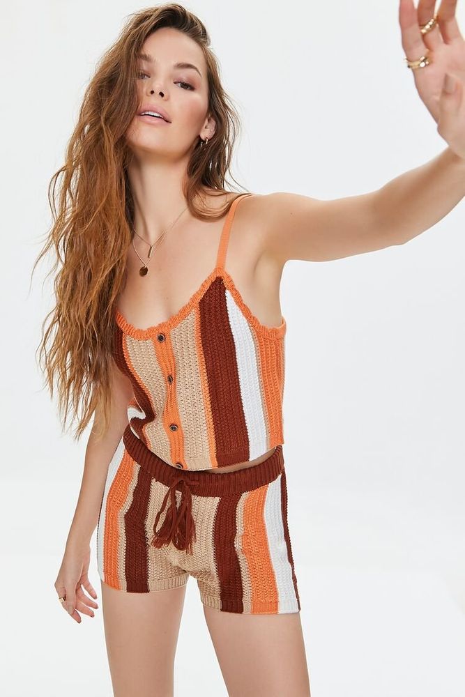 Women's Striped Crochet Cami & Shorts Set in Rust Large