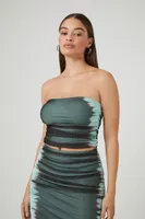 Women's Mesh Tie-Dye Tube Top & Maxi Skirt Set in Dark Green, XS