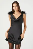 Women's Feather-Trim Satin Slip Dress in Black Small