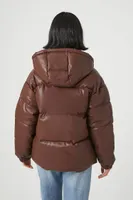 Women's Faux Leather Zip-Up Puffer Jacket in Brown Small