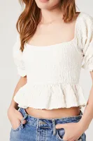 Women's Crinkled Puff-Sleeve Crop Top Vanilla