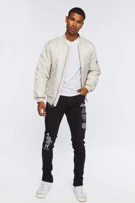 Men Zip-Hem Embroidered Skinny Jeans in Black/White, 38