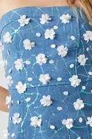 Women's Sequin Flower Denim Mini Tube Dress Medium