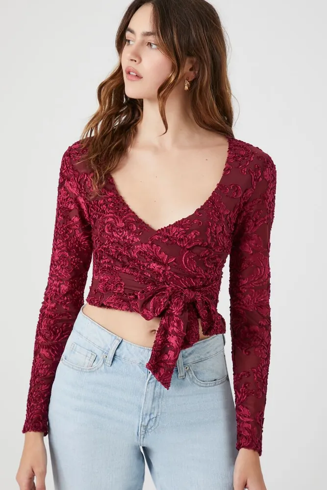 Women's Velvet Wrap Crop Top in Wine Small