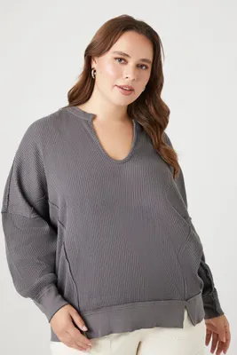 Women's Thermal Split-Neck Sweater in Charcoal, 0X