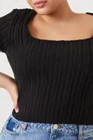 Women's Sweater-Knit Crochet Top in Black, 2X