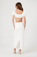 Women's Puff-Sleeve Crop Top & Maxi Skirt Set in Ivory Large