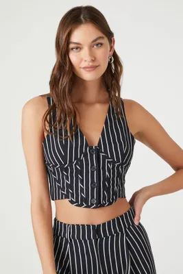 Women's Striped Button-Front Crop Top in Navy/White Large