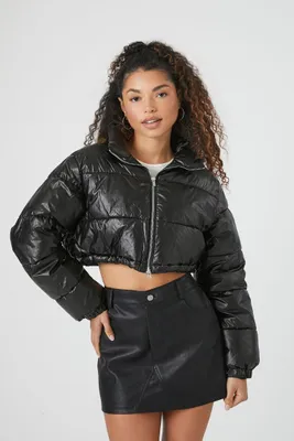 Women's Cropped Puffer Jacket in Black Medium