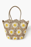 Women's Crochet Daisy Tote Bag in Tan