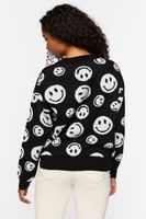 Women's Happy Face Crew Sweater in Black/White Medium