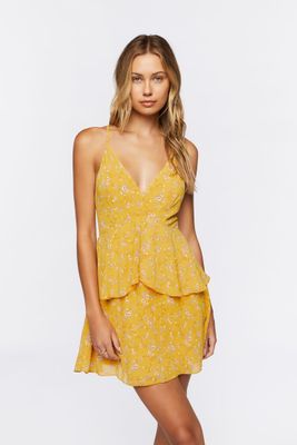 Women's Floral Babydoll Mini Dress in Yellow Medium