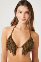 Women's Fringe Triangle String Bikini Top in Olive Small