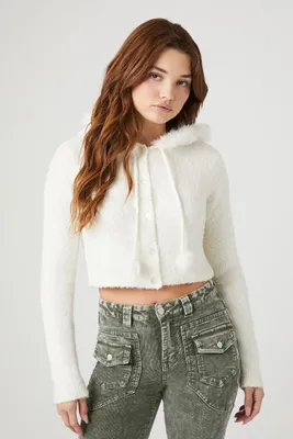 Women's Faux Fur-Trim Cardigan Sweater in Vanilla Medium