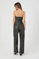 Women's Faux Leather Tube Cargo Jumpsuit in Charcoal, XS