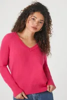 Women's Ribbed V-Neck Sweater in Hibiscus Small