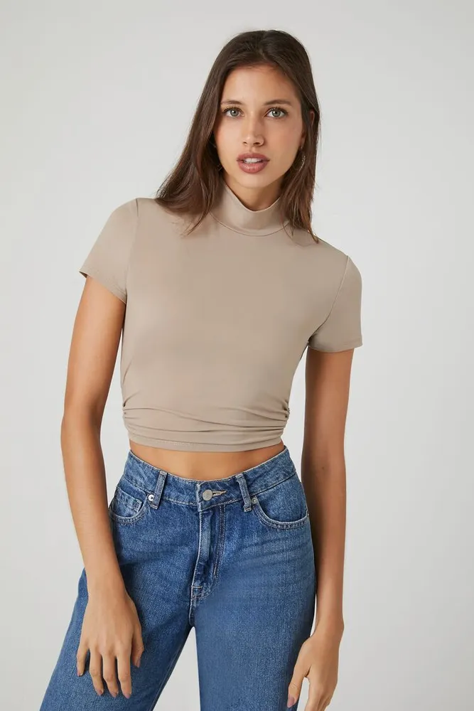 Women's Cropped Wraparound Turtleneck Top in Goat Small