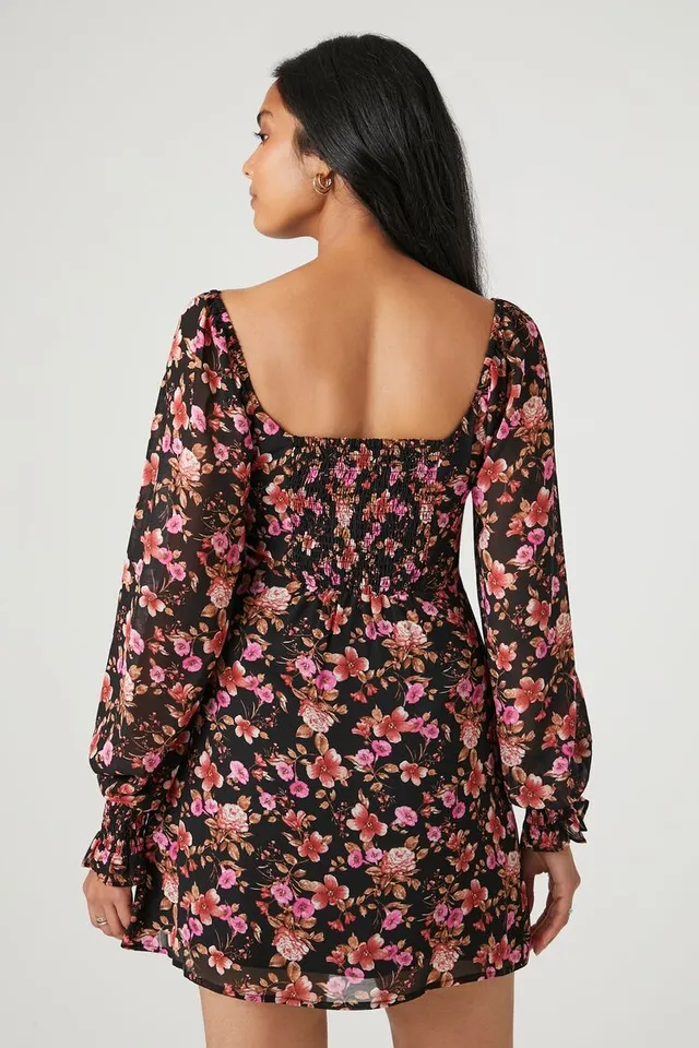 chinese dress ladies Ecosunny Women's Apricot Floral Smocked Square Neck Puff Sleeve Dress  Causal Long Sleeve Ruffle Mini Dress at Amazon Women's Clothing store main image 1