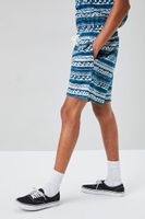 Men Ornate Wave Print Shorts in Dark Blue/White, XL