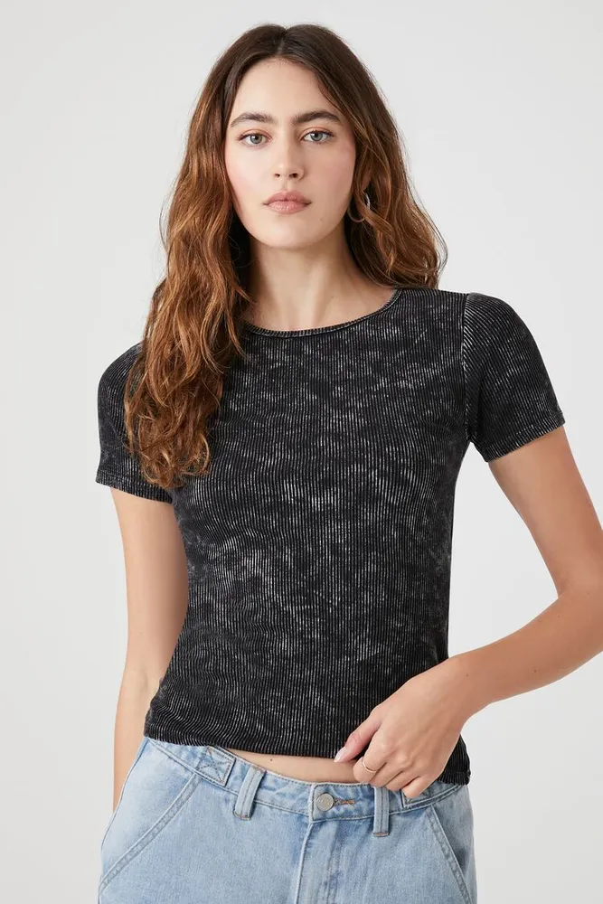 Women's Ribbed Acid Wash Cropped T-Shirt