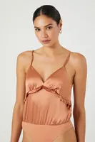 Women's Satin Ruffle-Trim Bodysuit in Toasted Almond, XL