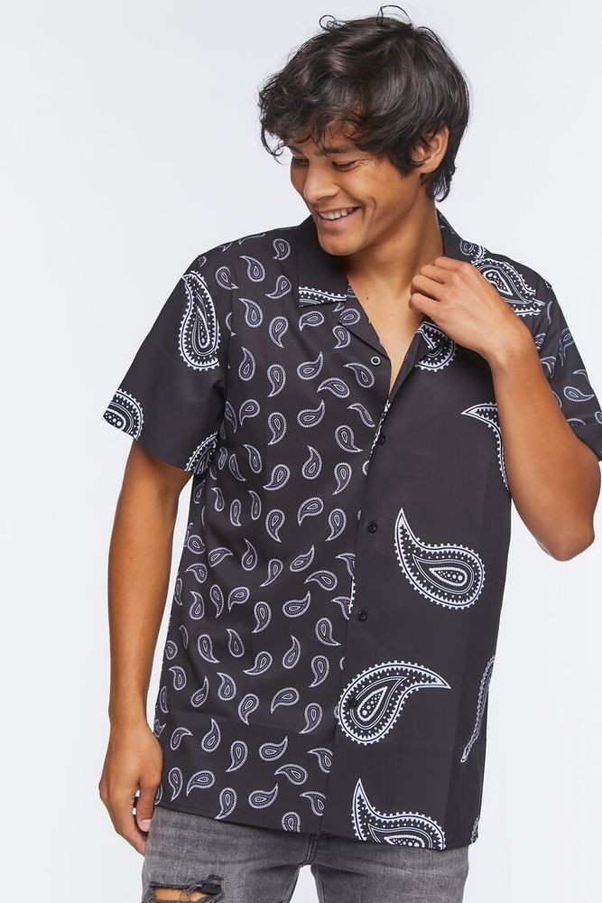 Black Paisley Print Shirt, Men's Tops