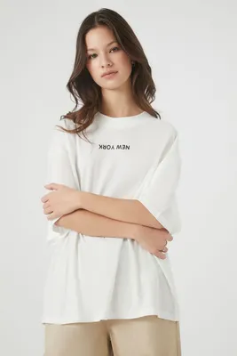 Women's Oversized New York Graphic T-Shirt in White/Black Small