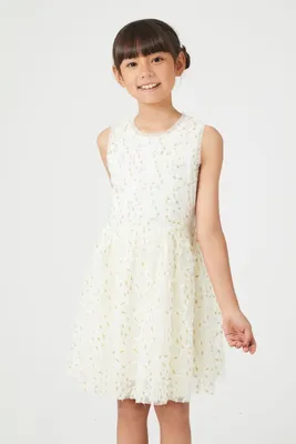 Girls Glitter Mesh Sleeveless Dress (Kids) in Cream, 9/10