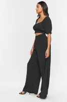 Women's Puff-Sleeve Crop Top & Wide-Leg Pants Set in Black Small