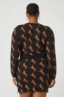 Women's Horse Print Sweater & Skirt Set in Black, 3X