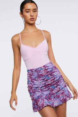 Women's Marble Print Ruched Mini Skirt in Purple Small