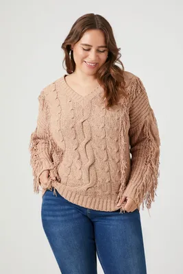 Women's Cable Knit Fringe Sweater Tan,